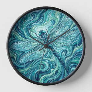 Abstract Dragonfly Ocean Blue Paint Art Clocks