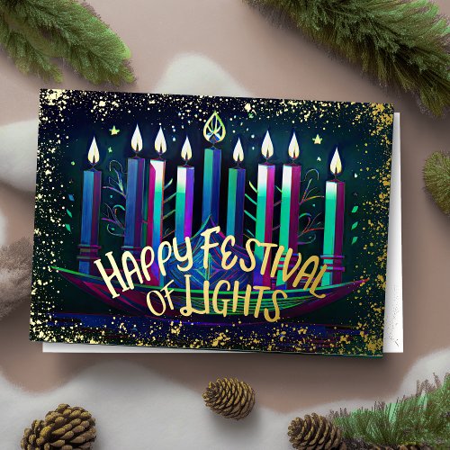 Abstract Drawing Menorah Festival of Lights Blue Foil Holiday Card