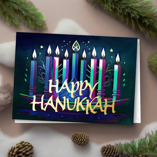 Abstract Drawing Menorah Happy Hanukkah Colorful Foil Holiday Card