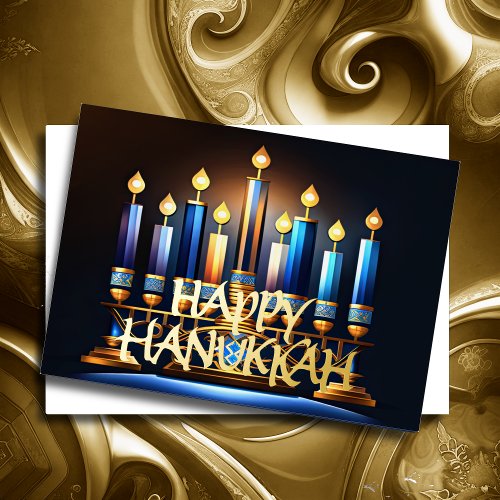 Abstract Drawing Menorah Happy Hanukkah Gold Blue Foil Holiday Card