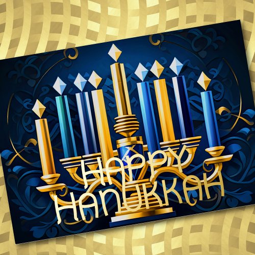 Abstract Drawing Menorah Happy Hanukkah Gold Blue Foil Holiday Card