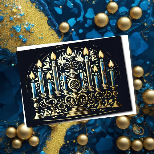 Abstract Drawing of Menorah Gold Blue Holiday Card