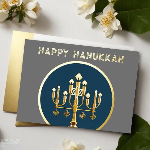 Abstract Drawing of Menorah Gold Blue Modern Holiday Card