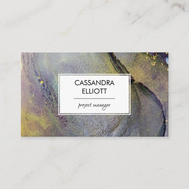Abstract Dusty Blue & Gold Alcohol Ink Liquid Art Business Card (Front)