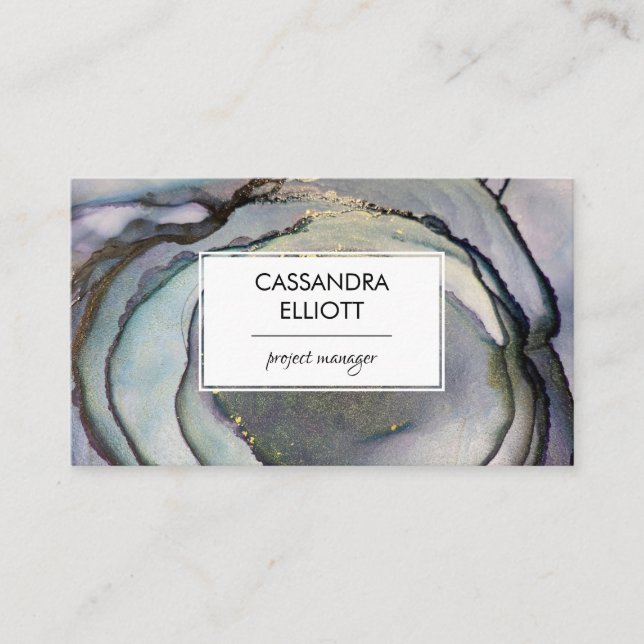 Abstract Dusty Blue & Gold Alcohol Ink Liquid Art Business Card (Front)