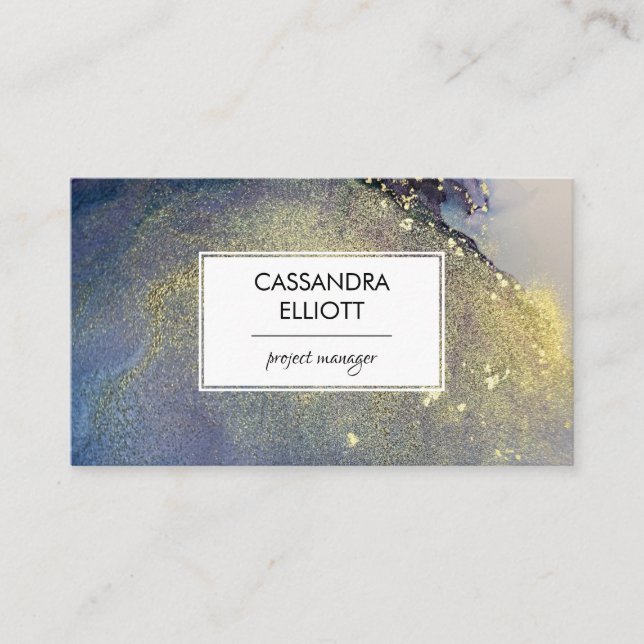 Abstract Dusty Blue & Gold Alcohol Ink Liquid Art Business Card (Front)