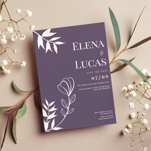 Abstract dusty purple white sketch floral wedding invitation