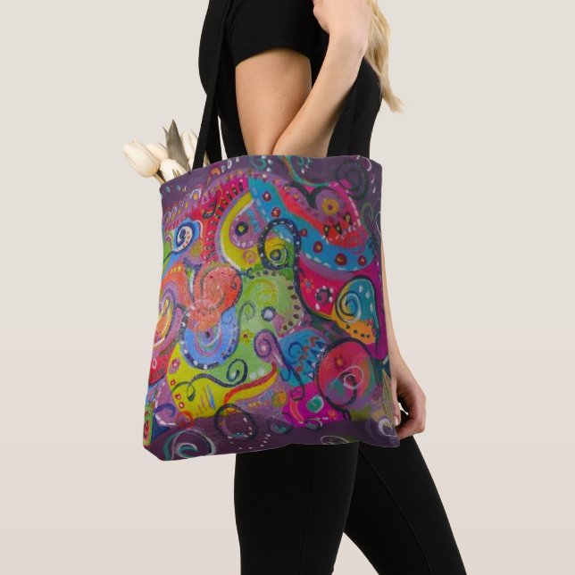 Abstract eggplant and color swirl painting on tote bag (Close Up)