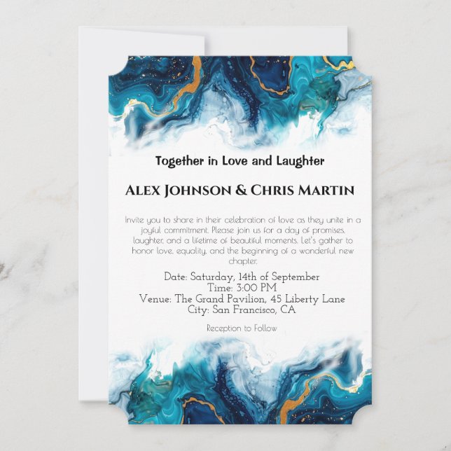 Abstract Elegance LGBTQ Deep Blue Teal Gold  Invitation (Front)