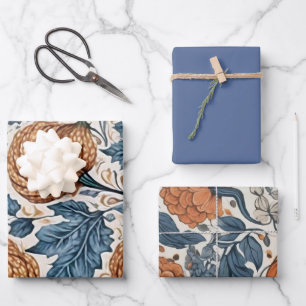 Abstract Elegant Autumn pumpkin dusty blue leaves Wrapping Paper Sheets