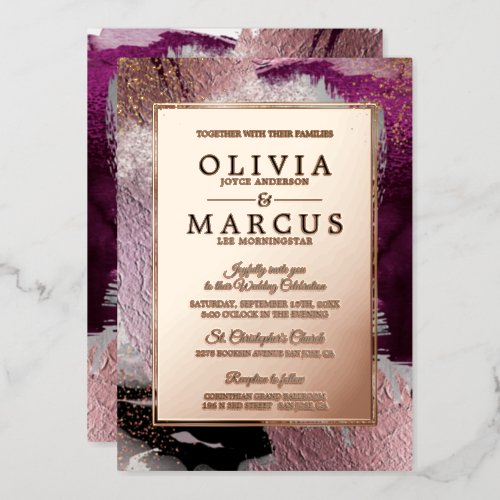 Abstract Elegant Gold Cassis Plum Brush Strokes Foil Invitation