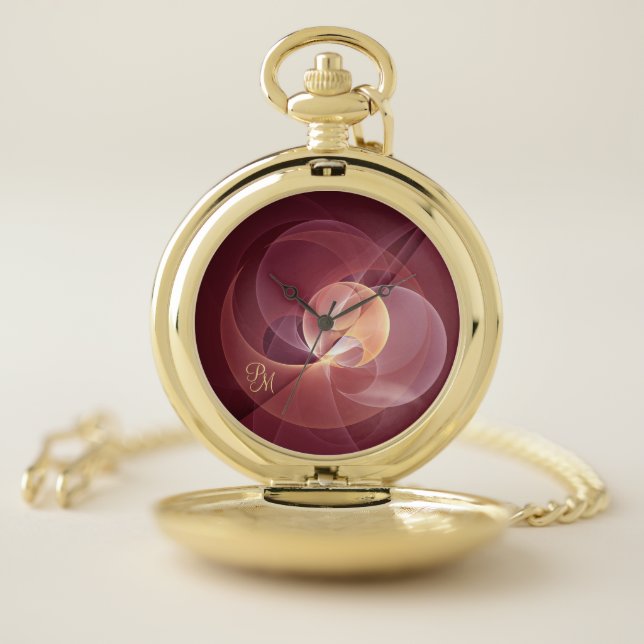 Abstract Elegant Modern Wine Red Fractal Initials Pocket Watch (Inside)