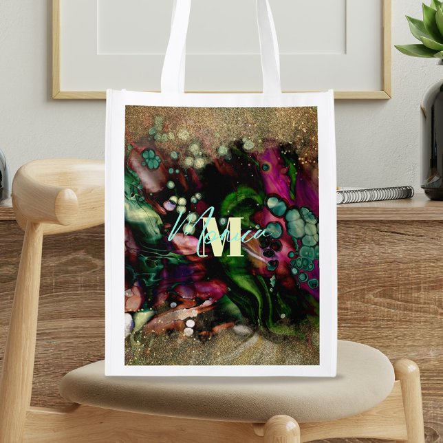 Abstract Elegant Organic Gold Glittery Monogrammed Grocery Bag (Creator Uploaded)