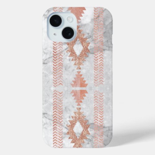 abstract elegant rose gold aztec white marble iPhone 15 case