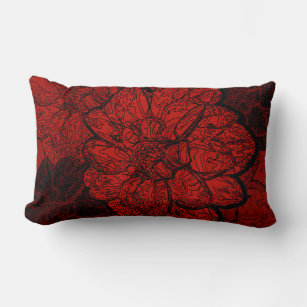 Abstract Elegant Ruby Red & Black Dahlia Floral Lumbar Pillow