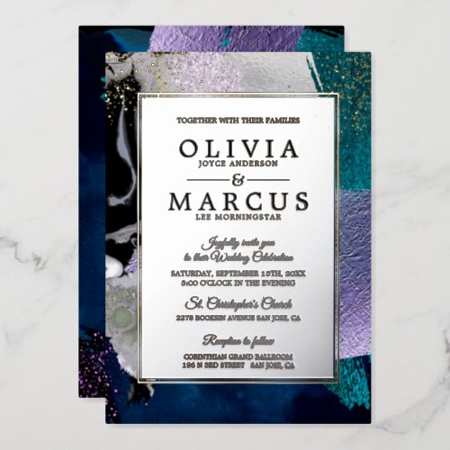 Abstract Elegant Teal Lilac Brush Strokes  Foil Invitation