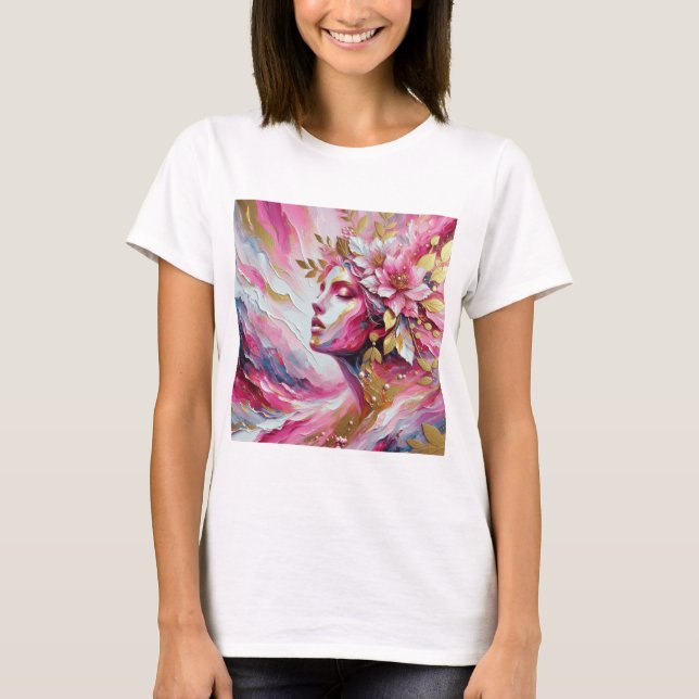 Abstract Elegant woman's face pinks leaves  T-Shirt (Front)