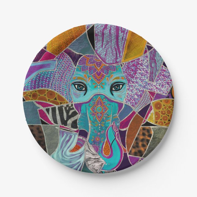 Abstract Elephant collage - mixed textures Paper Plates (Front)