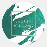 Abstract Emerald Green Brushstrokes Classic Round Sticker