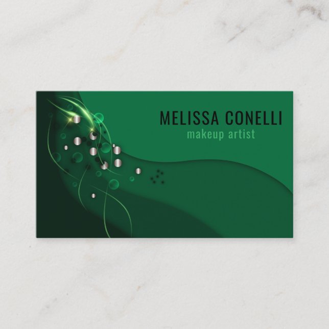 Abstract Emerald Green Layout and Gold Ornaments Business Card (Front)