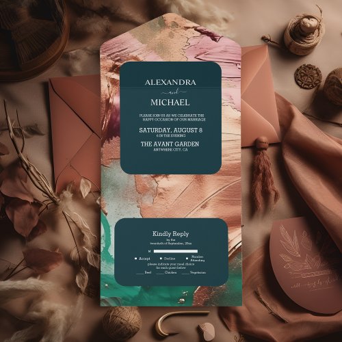 Abstract emerald green rose gold wedding all in one invitation