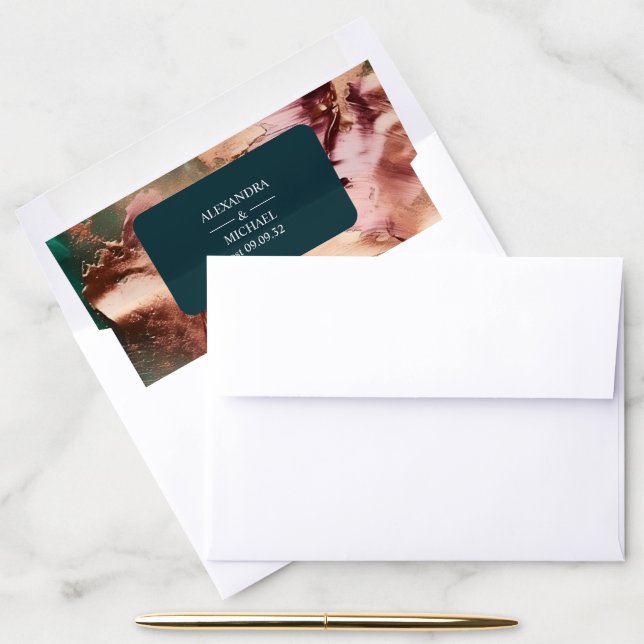 Abstract emerald green rose gold wedding envelope liner (Desk)