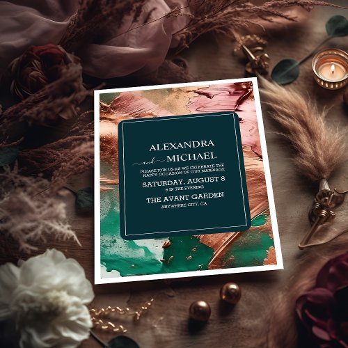 Abstract emerald green rose gold wedding invitation