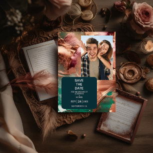 Abstract emerald green rose gold wedding save the date