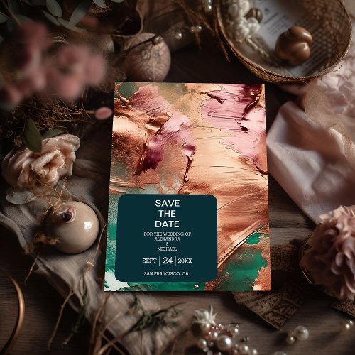 Abstract emerald green rose gold wedding save the date