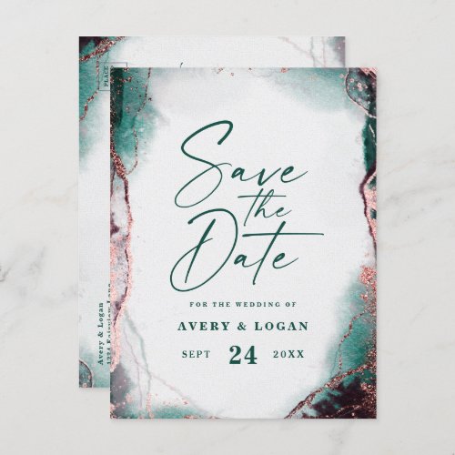 Abstract Emerald Green Wedding Save The Date Announcement Postcard