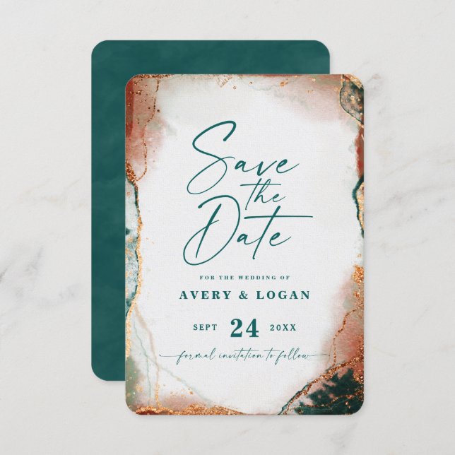 Abstract Ethereal Dark Teal & Copper Fall Wedding Save The Date (Front/Back)
