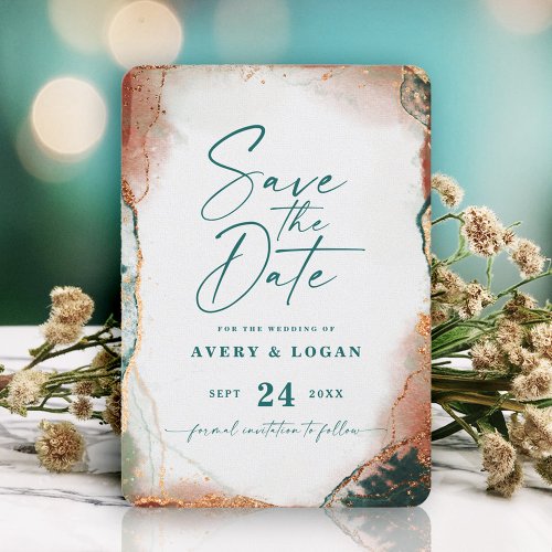 Abstract Ethereal Dark Teal  Copper Fall Wedding Save The Date