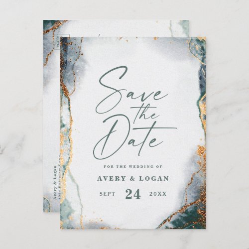 Abstract Ethereal Green Gold Wedding Save The Date Announcement Postcard