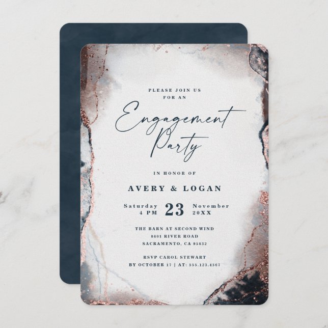 Abstract Ethereal Navy Blue Engagement Party Invitation (Front/Back)