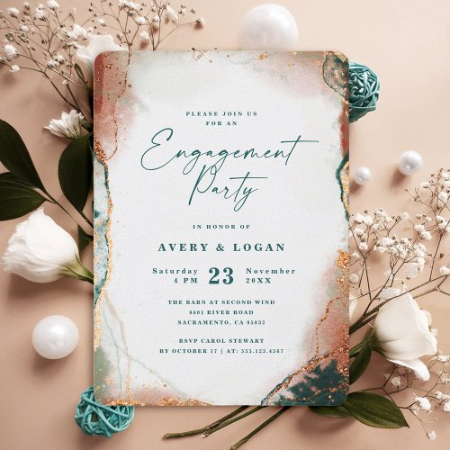 Abstract Ethereal Teal  Copper Engagement Party Invitation