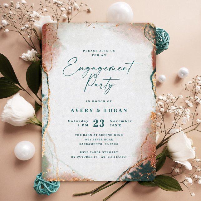 Abstract Ethereal Teal & Copper Engagement Party Invitation (Teal and Copper Engagement Party Invitation)