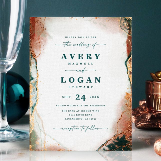 Abstract Ethereal Teal & Copper Wedding Invitation (Teal and Copper Abstract Wedding Invitation)