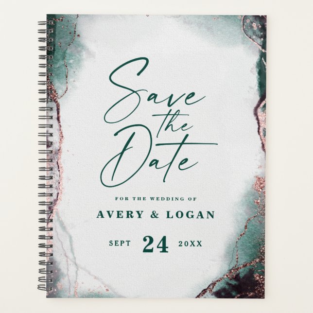 Abstract Ethereal Watercolor Emerald Wedding Plans Planner (Front)