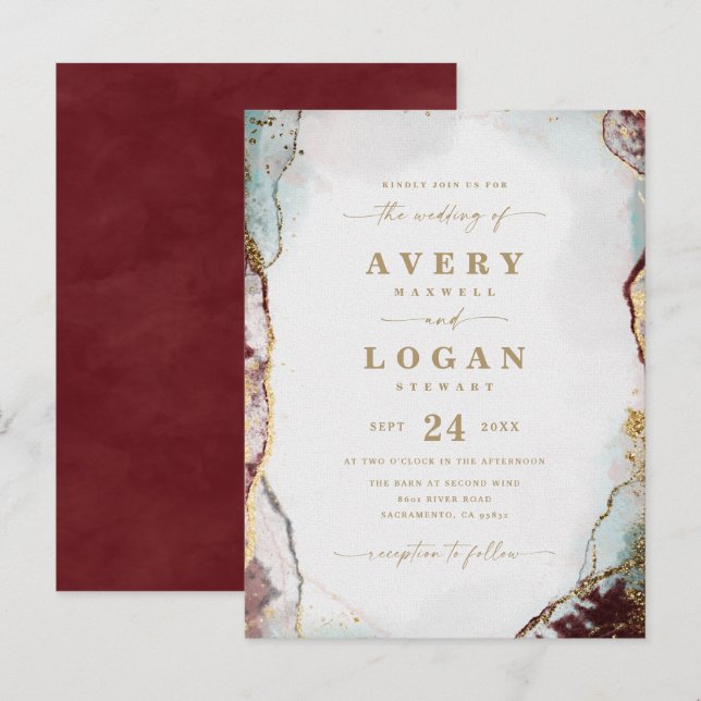 Abstract Ethereal Wine & Gold Wedding Invitation (Front/Back)