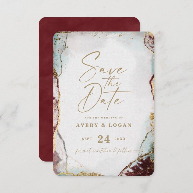 Abstract Ethereal Wine Red & Gold Winter Wedding Save The Date (Front/Back)