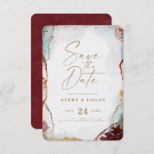 Abstract Ethereal Wine Red  Gold Winter Wedding Save The Date