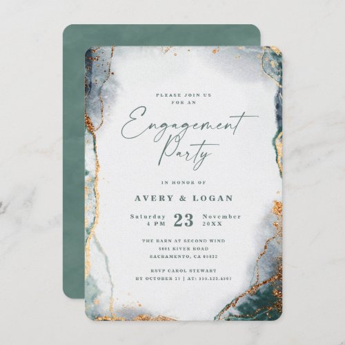 Abstract Eucalyptus Green  Gold Engagement Party Invitation