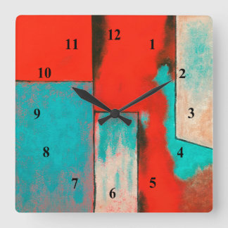 Abstract Expressionist Art Painting Red Turquoise Square Wall Clock