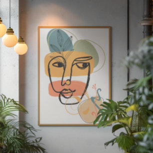 Abstract face art pink blue green yellow colors canvas print