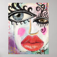 Abstract Face Big Eyes Red Lips Graffiti Neon Pink Poster