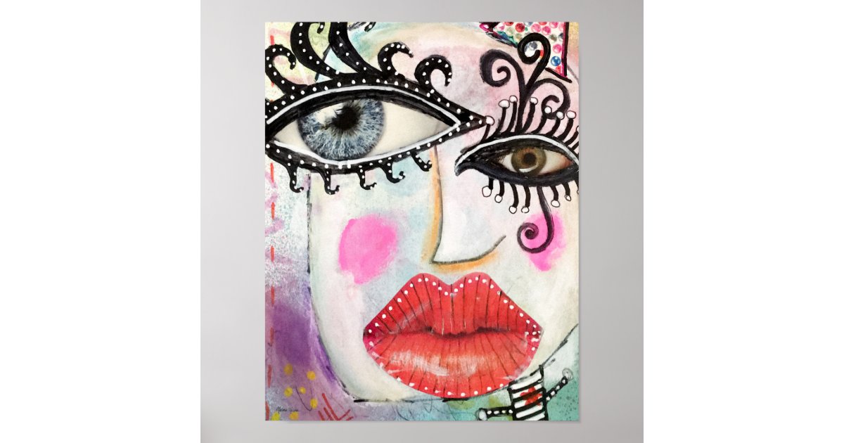 Abstract Face Big Eyes Red Lips Graffiti Neon Pink Poster Zazzle Com
