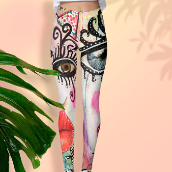 Abstract Face Big Eyes Red Lips Neon Pink Graffiti Leggings by MelroseOriginals at Zazzle