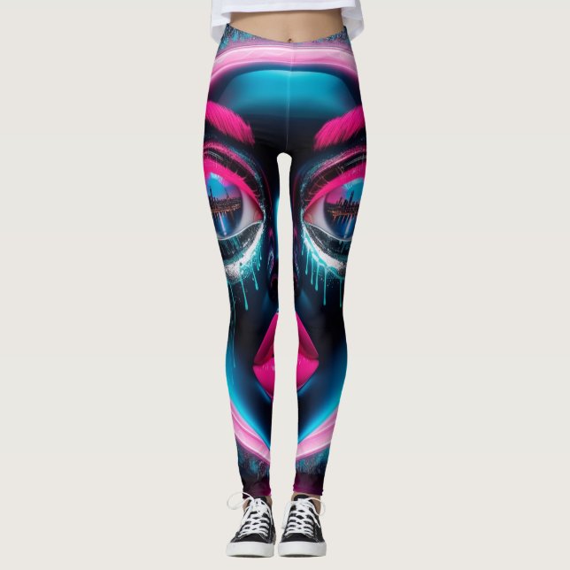 Abstract Face Big Eyes Red Lips Neon Pink Graffiti Leggings (Front)
