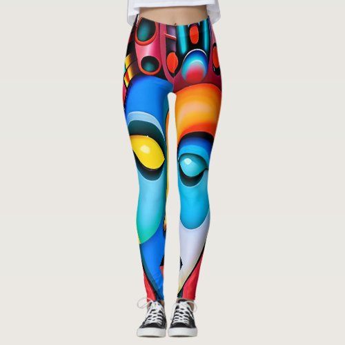 Abstract Face Big Eyes Red Lips Neon Pink Leggings