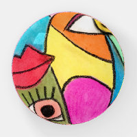 Abstract Face Blue Yellow Big Eyes Bold Red Lips Paperweight